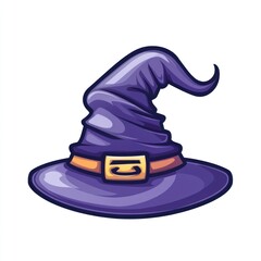 Pointed purple witch hat with curled tip and buckle on its brim against white