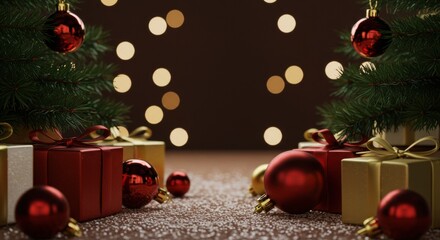 Festive christmas scene with gift boxes and ornaments amid twinkling lights