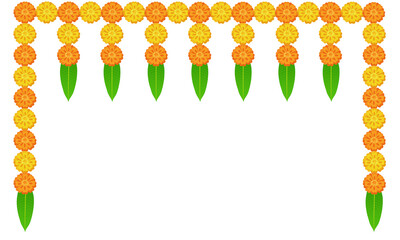 Traditional marigold flower toran garland with mango leaves for indian festivals, isolated on transparent background 
