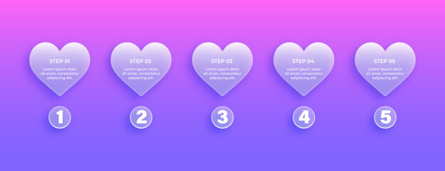 Liquid Glass Infographic Bullet Points. 3D Valentine’s Day Steps with Heart Symbols, Romantic Vector Design, and Celebration Banners