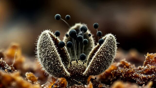 Close-up of Rhizopus (black bread mold) sporangia releasing spores into the air, surrounded by decaying food particles