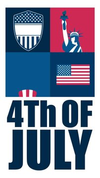 Looping vertical animation for 4th of July in bold flat design. Features patriotic icons like Liberty, flag, Uncle Sam hat, and badge in a geometric grid with modern typographic layout.