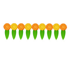 Marigold flowers and mango leaves toran for indian festivals, isolated on transparent background 