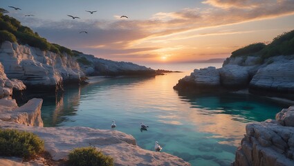 Idyllic Coastal Cove at Sunset with Birds and Turquoise Water