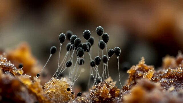 Close-up of Rhizopus (black bread mold) sporangia releasing spores into the air, surrounded by decaying food particles