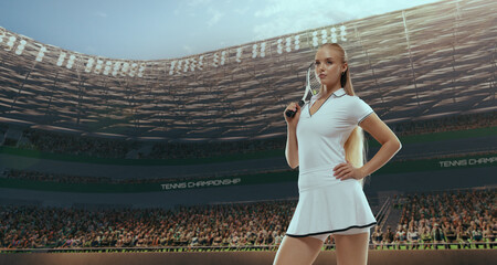 Woman tennis player playing tennis in professional tennis stadium.