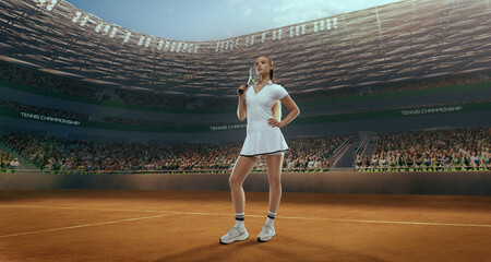 Woman tennis player playing tennis in professional tennis stadium.