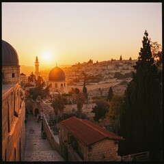 Fototapeta premium Ancient city at golden sunset