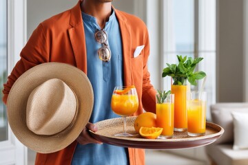 Hotel staff preparing refreshing orange juice welcome drinks for guests