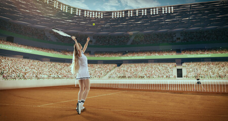 Woman tennis player playing tennis in professional tennis stadium.