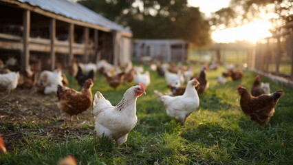 Fototapeta premium A spacious outdoor chicken farm with dozens of white and brown chickens roaming freely on green grass, wooden coops in the background.