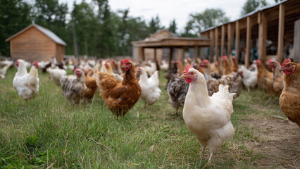 A spacious outdoor chicken farm with dozens of white and brown chickens roaming freely on green grass, wooden coops in the background.