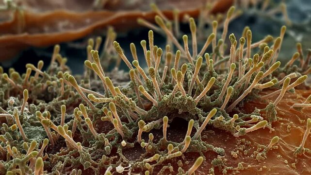 High-magnification image of Aspergillus fungi colonies on spoiled fruit, with radiating conidiophores and spore chains under soft lighting