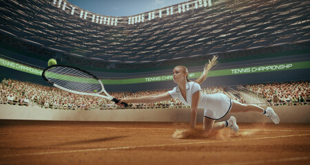 Woman tennis player playing tennis in professional tennis stadium.