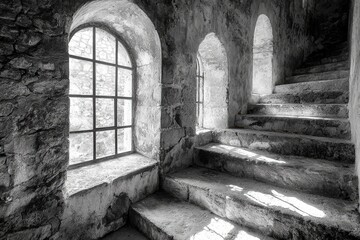 Fototapeta premium Interior of an old stone staircase with arched windows and natural light