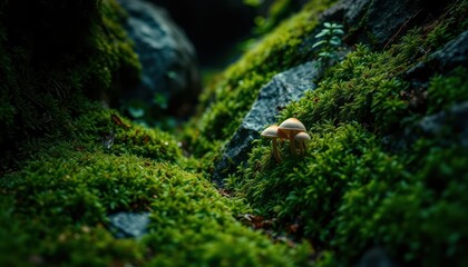 Fototapeta premium Mystical Mushrooms Amongst Lush Moss, Enchanting Forest Floor Scenery