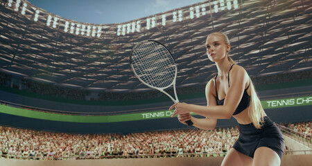 Woman tennis player playing tennis in professional tennis stadium.