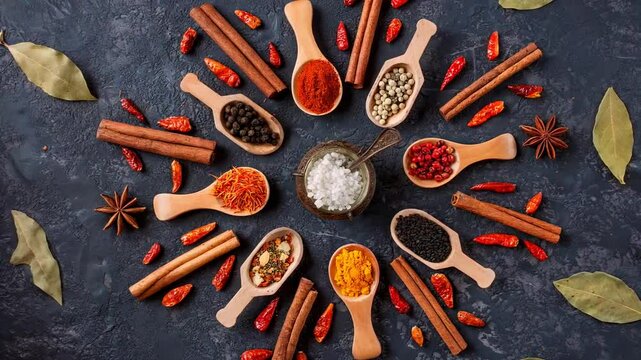Various indian spices in wooden spoons, seeds, herbs on dark stone table. Colorful spices, top view. Organic food, healthy lifestyle, space for text