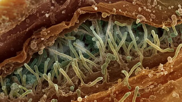 High-magnification image of Aspergillus fungi colonies on spoiled fruit, with radiating conidiophores and spore chains under soft lighting