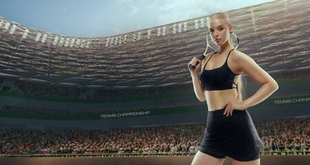 Woman tennis player playing tennis in professional tennis stadium.