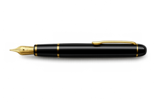 Classic fountain pen with gold nib and clip, isolated on transparent background, ideal for writing and calligraphy projects