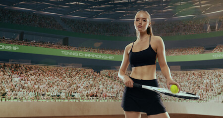 Woman tennis player playing tennis in professional tennis stadium.