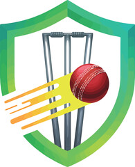 Cricket Ball Hitting Stumps in a Shield Logo Vector Illustration