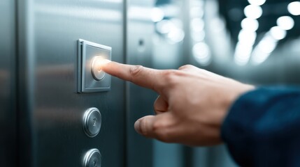 A person is reaching out to press an elevator button in a sleek modern building. Soft lighting enhances the contemporary design, creating a functional and stylish atmosphere