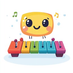 Cartoon xylophone played by a smiling, stylized character with musical notes around it