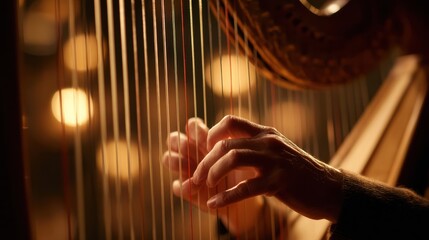 Graceful fingers glide over the strings of a harp, creating beautiful melodies in a cozy setting. Warm golden light enhances the enchanting atmosphere of the performance