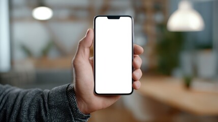 A person holds a smartphone displaying a blank screen in a stylish indoor space. The background features wooden furniture and soft lighting, creating a relaxed atmosphere