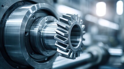 Fototapeta premium Close-up view of a metallic gear part attached to a machine in an industrial workshop. The focus is on the gear's detailed design and the overall machinery, showcasing manufacturing excellence