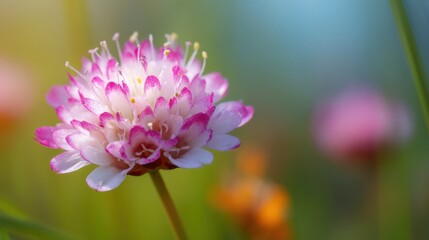 Obraz premium Delicate pink and white flower stands out amidst greenery in a vibrant garden setting. Soft sunlight creates a dreamy atmosphere during springtime, capturing natural beauty