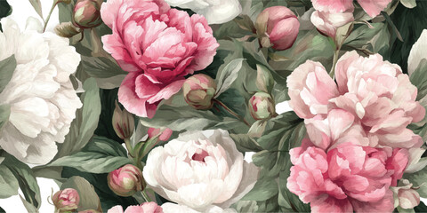 Luxurious Vintage Pink Peonies and Botanical Foliage Seamless Pattern. Elegant Floral Bloom Design for textile, packaging, fabric, wallpaper, branding, stationery, wrapping paper interior decor.