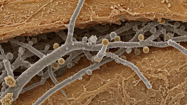  Microscopic view of Penicillium mold growing on a slice of bread, showing branching hyphae and spore-producing structures in vivid detail