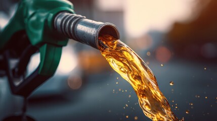 A gas pump nozzle releases fuel into a tank while a blurred city background reveals an evening atmosphere. The sunset casts a warm glow on the scene