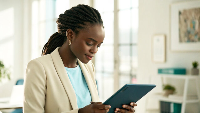 Focused businesswoman reviews data on her tablet in bright office