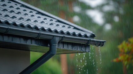 Raindrops pour from a dark metal roof while a serene forest backdrop creates a tranquil atmosphere. The overcast sky adds to the calming vibe of the moment