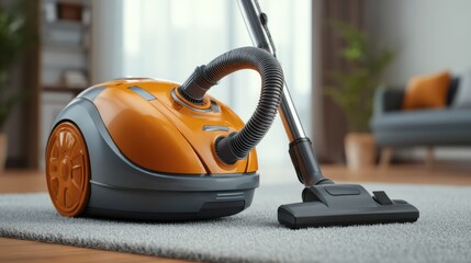 A bright orange vacuum cleaner is positioned next to a plush rug in a spacious living room filled with natural light