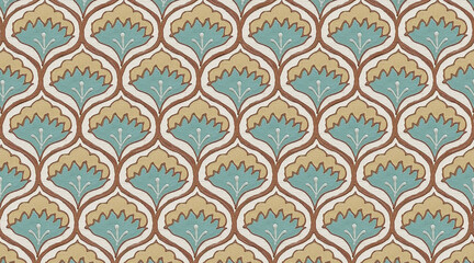  Elegant floral damask tile with teal and tan motifs inside brown outlined shapes.