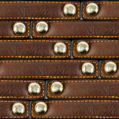 Seamless 4k photo texture material of brown leather riveted straps surface.