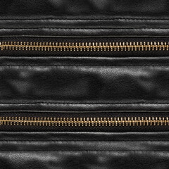 Seamless 4k photo texture material of black polished leather surface with zippers.