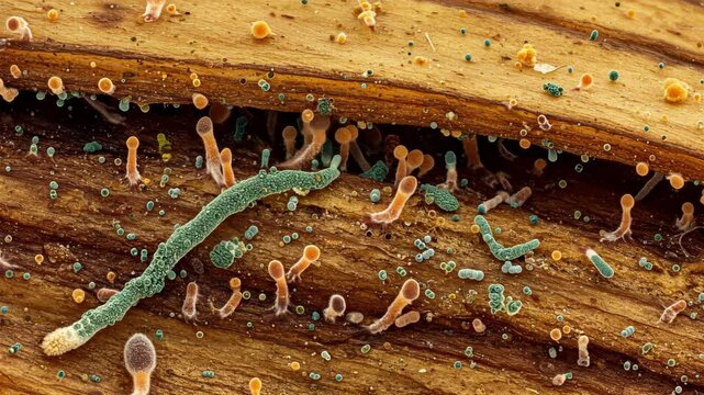 Fungal ecosystem under a microscope showing multiple species competing for space on a decomposing banana peel