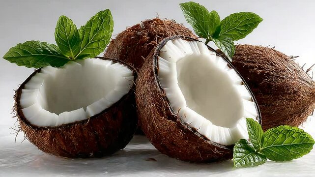 Fresh coconuts with splash of water and mint leaves for healthy lifestyle concept