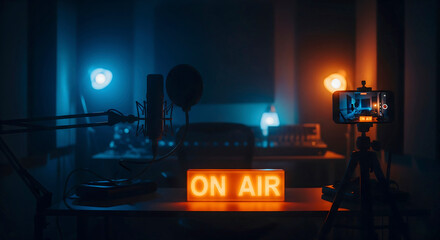 Dynamic On Air Broadcast Studio with Condenser Microphone, Smartphone on Tripod, and Striking Blue and Orange Neon Lighting

