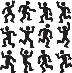 Twelve silhouettes of running and jumping people. eps-10