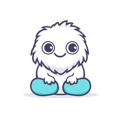 Cute fluffy white cartoon creature with big eyes and turquoise feet sits on white