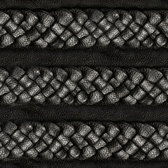 Seamless 4k photo texture material of black leather surface with leather braided ropes.