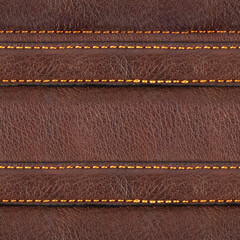 Seamless 4k photo texture material of brown leather surface with stitched straps.