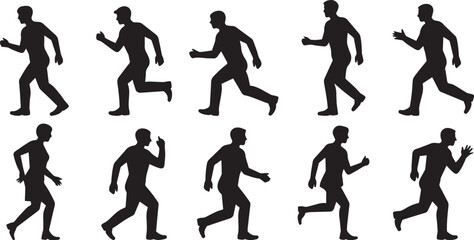 Ten silhouettes of people running and walking. eps-10
